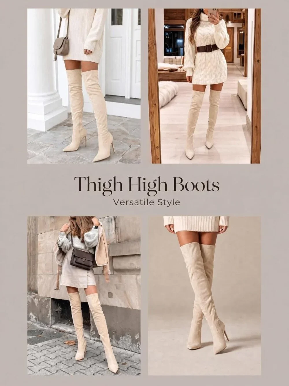 Women's Cream Faux Suede Pointed Toe Over-the-Knee Thigh High Stiletto Heel Boot